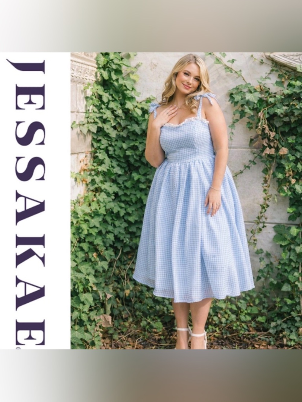 Blue Gingham Tie-Shoulder Midi Dress